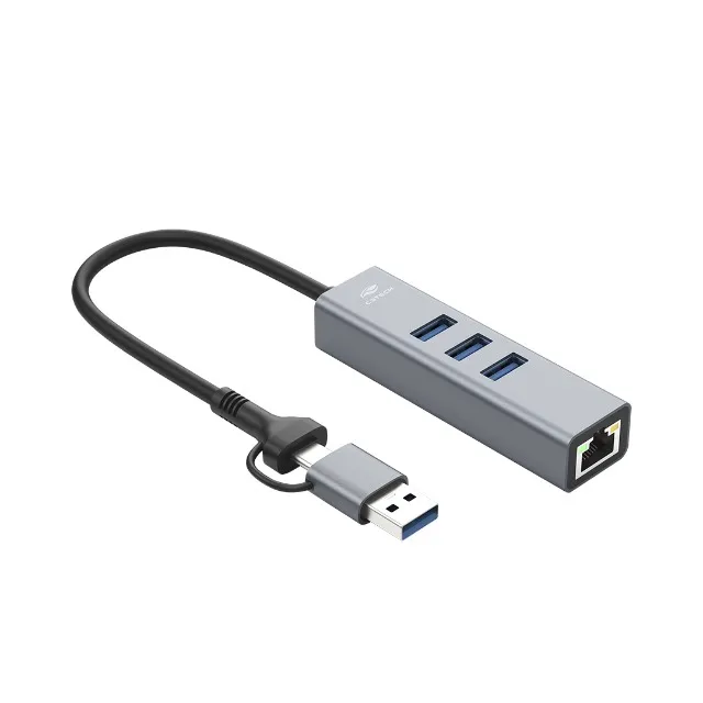 Hub Adaptador USB-C C3Tech HU-LAN1000GY 4 em 1 3 USB 3.0/RJ45 1000MBPS - WZetta