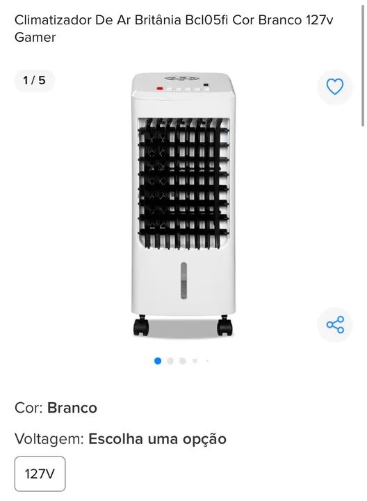 Climatizador de Ar Britânia Bcl05fi Gamer 127v Branco