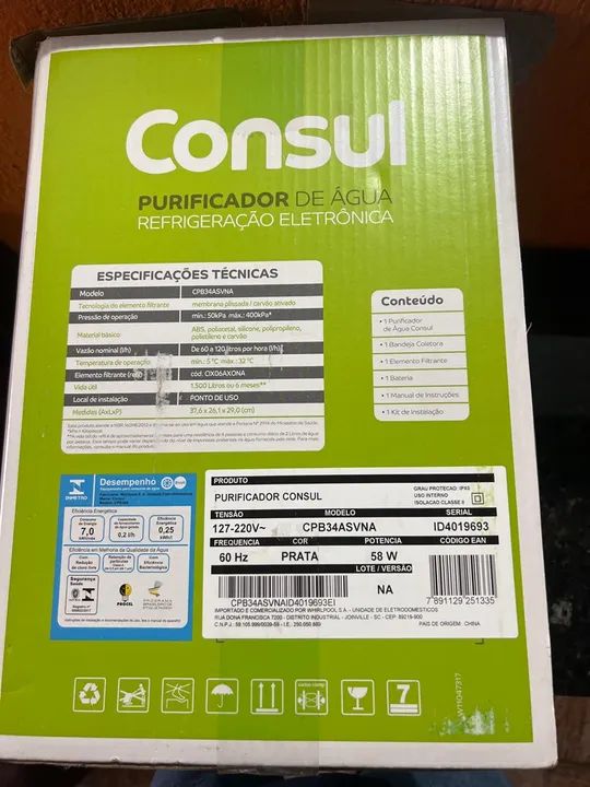 Purificador de Água Consul CPB34ASVNA - Refrigeração Eletrônica