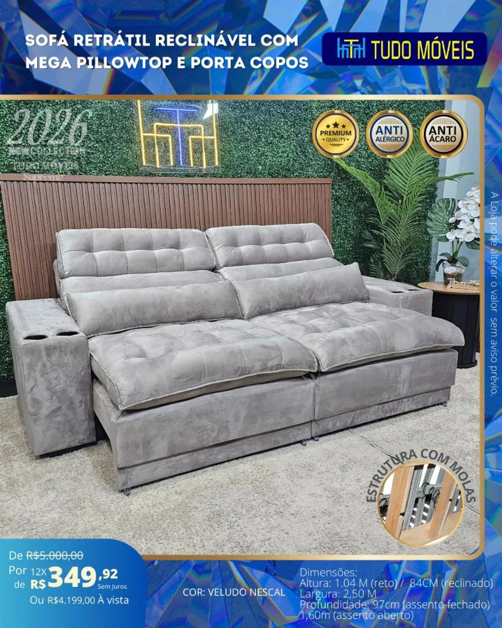 SOFÁ RETRÁTIL E RECLINÁVEL COM PILLOWTOP E PORTA COPOS. - Foto 3