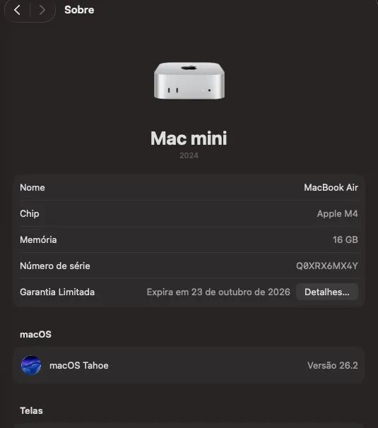 Mac Mini M4 256GB 16GB Ram na garantia até 10/26 na caixa