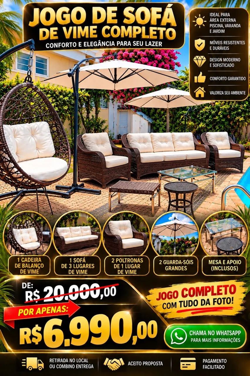 Jogo de sofás de vime e guarda sol 