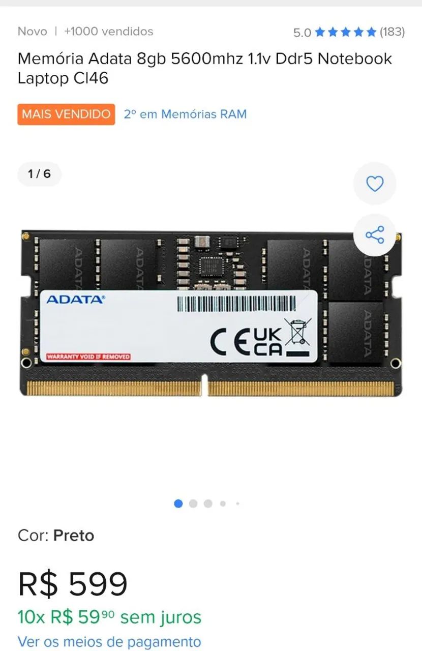MEMÓRIA RAM 8GB DDR5 5600MHZ *NOVA* - Foto 2