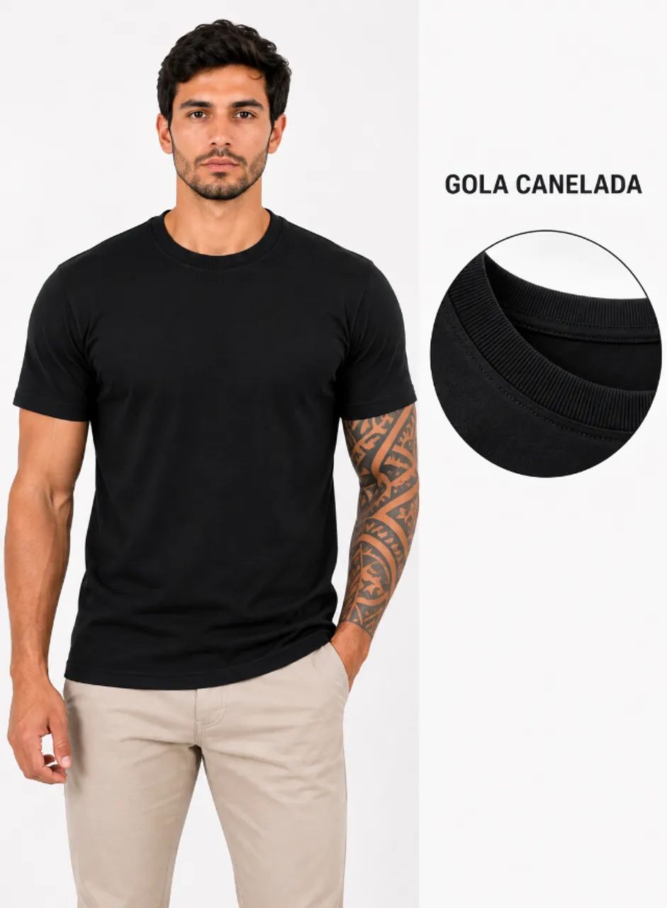 Camiseta Algodão Penteado Gola Canelada Preta - Foto 2