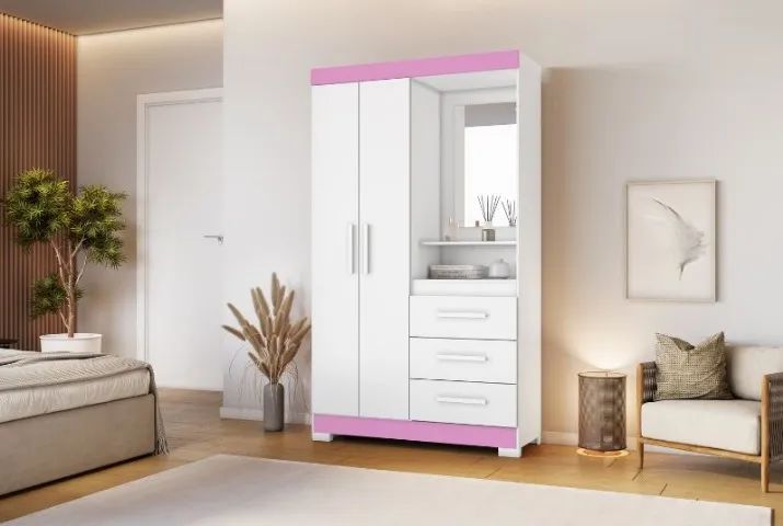 Guarda Roupa Para Solteiro Branco - Branco Rosa Cor Flex Modelo Capelinha NT 6020 - Foto 2