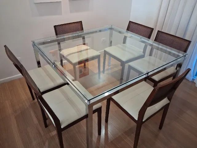 Mesa vidro quadrada 6 cadeiras para sala de jantar