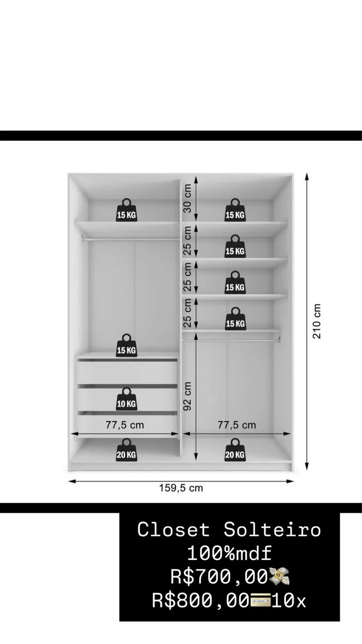 Closet solteiro 100%MDF