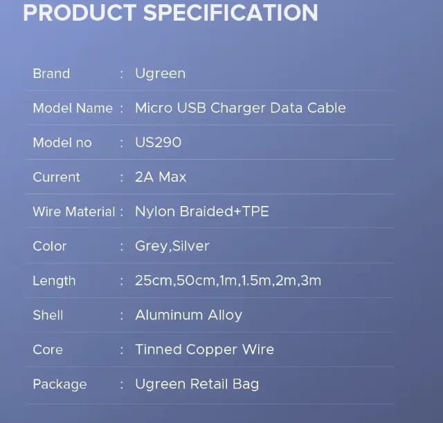 Cabo Carregamento Rápido 2.0A Micro USB 2m Ugreen - Foto 3