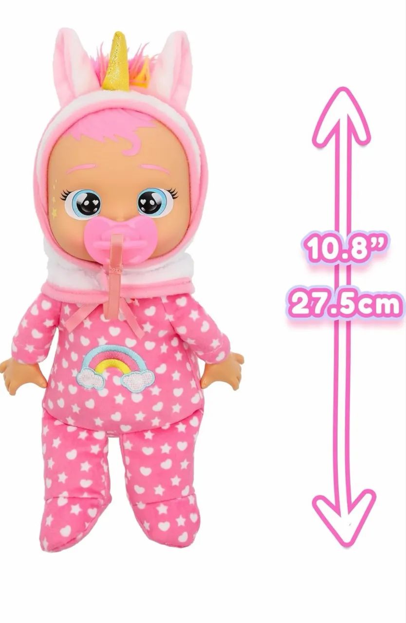 Boneca cry babies tiny cuddles unicórnio com chupeta 