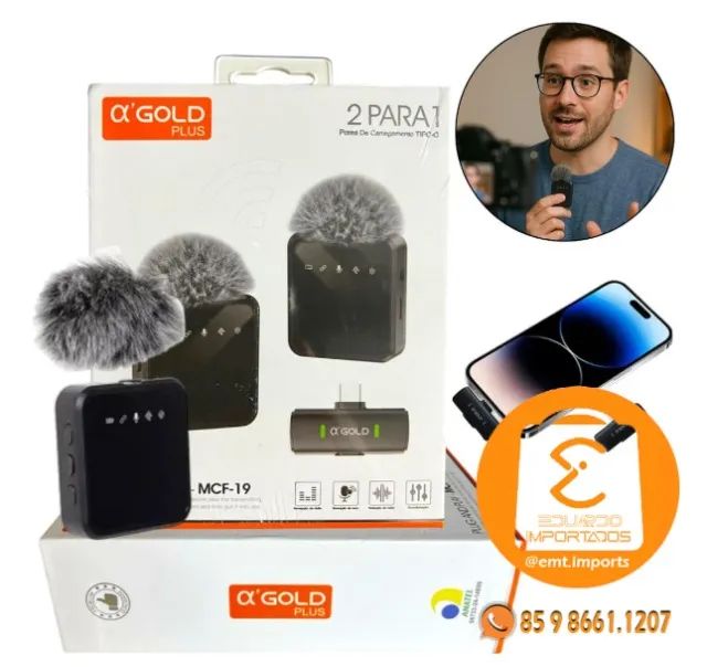 Microfone Lapela 2 Para 1 Sem Fio Tipo C A'gold MCF-19