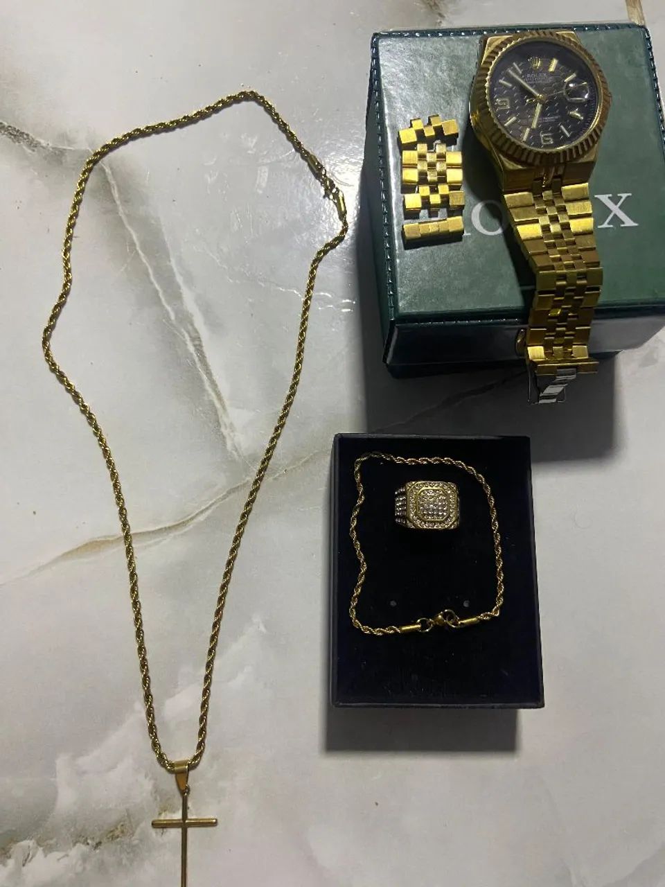 Kit relógio, cordão, pulseira e dedeira banhado - Foto 2