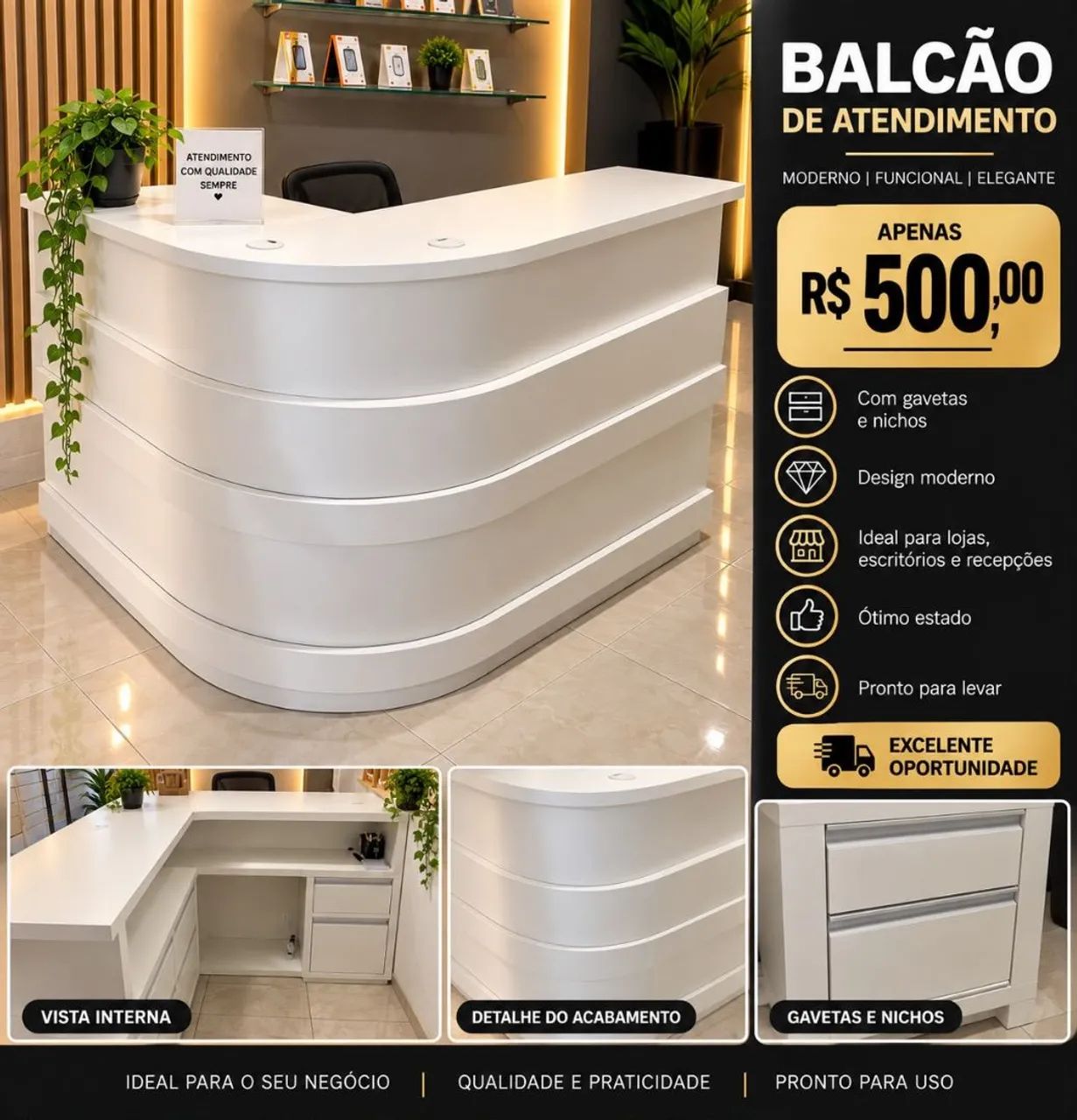 Balcão de Atendimento Branco com Gavetas e Nichos - Foto 2