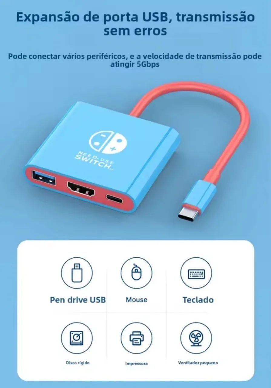 Dock 3 em 1 com HDMI para Switch, PC e Smartphone