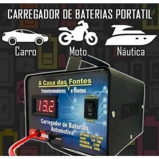 Carregador De Baterias 12v 20ah Carro, Moto e Náutica Flutuante até 300 ampéres voltimetro