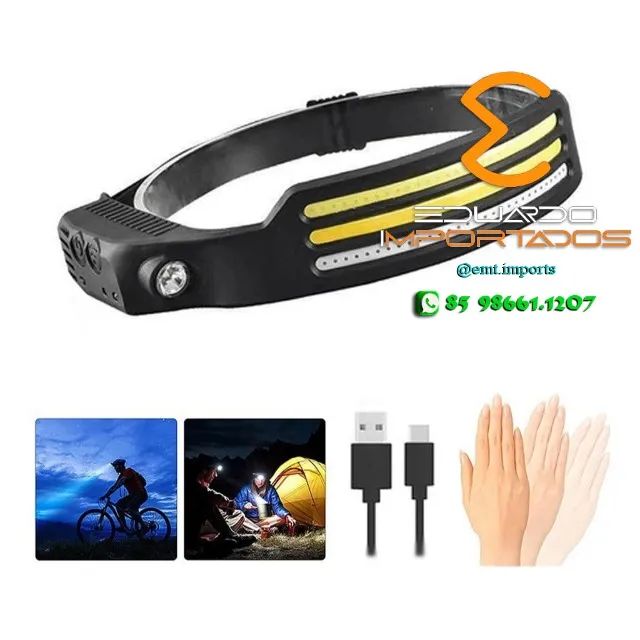 Lanterna de Cabeça Recarregável 3 LEDs COB 500 Lumens