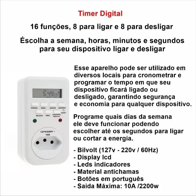 Timer Temporizador Digital Programável Tomada 127v/220v 10A Utilizado - Foto 5