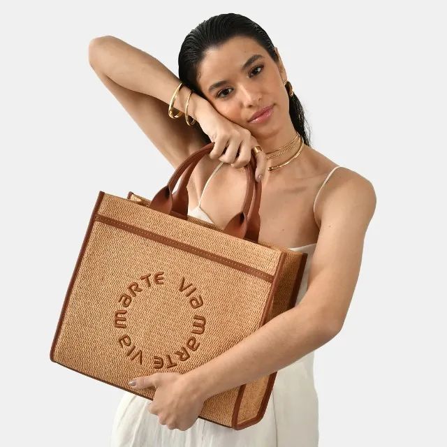 Bolsa Tote Palha Grande Bege Claro-caramelo Ref: B1-121-01 - Foto 3