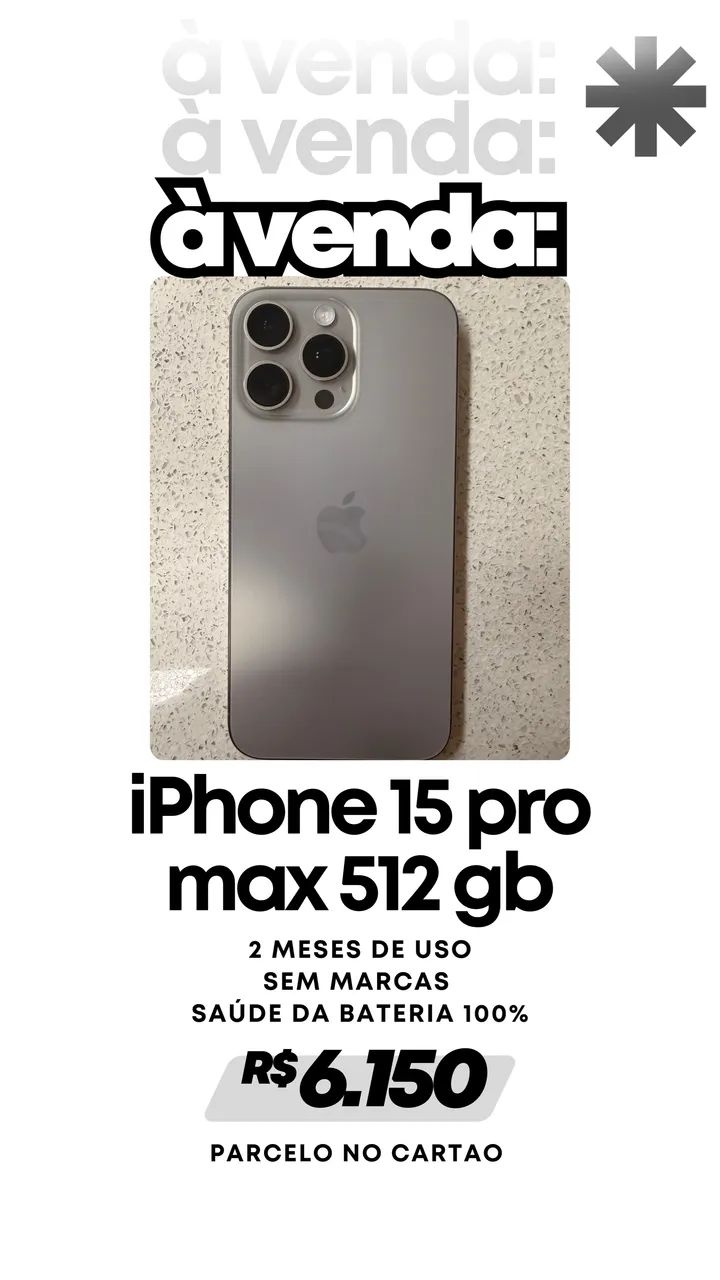 Apple iPhone 15 Pro Max 512GB，バッテリー100% Vendo IPhone 15 pro max 512gb - saúde bateria 100% - Celulares e