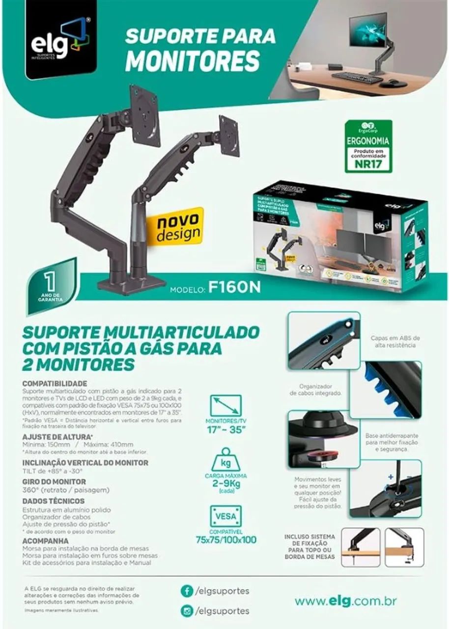 ELG, F160N, Suporte Articulado de Mesa com Pistão a Gás e Ajuste de Altura, 2 Monitores de - Foto 4