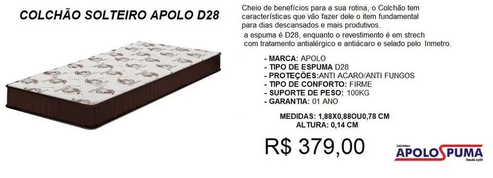 COLCHAO SOLTEIRO APOLO D28- ENTREGA GRATIS 