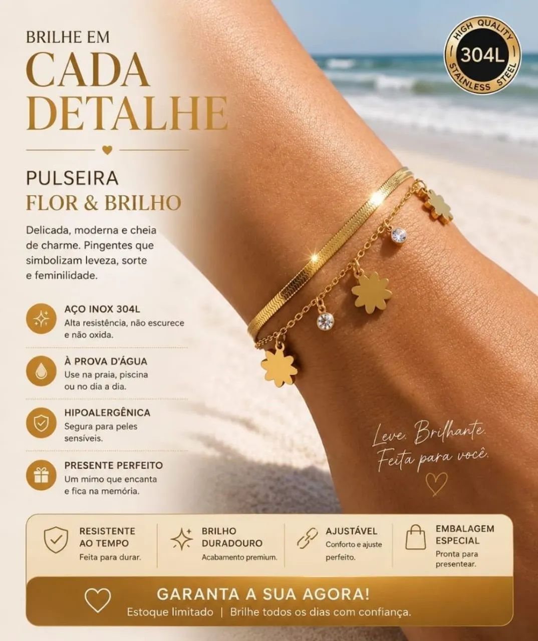 Pulseira dupla flor e brilho aço Inoxidável 