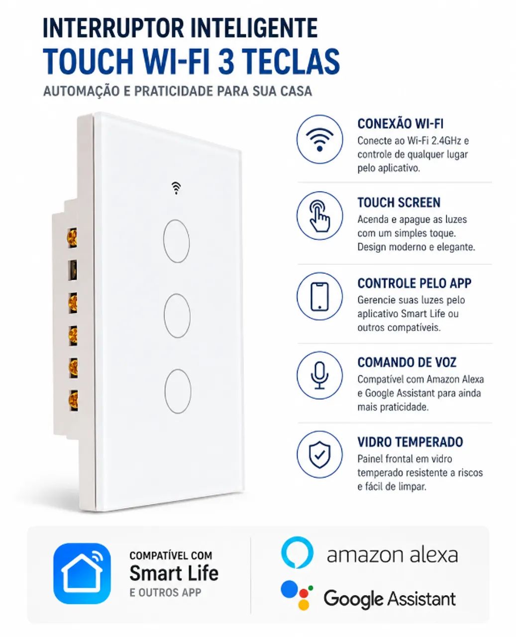 Interruptor Inteligente Wi-Fi Touch 3 Teclas Compatível com Alexa e Google Home - Foto 2
