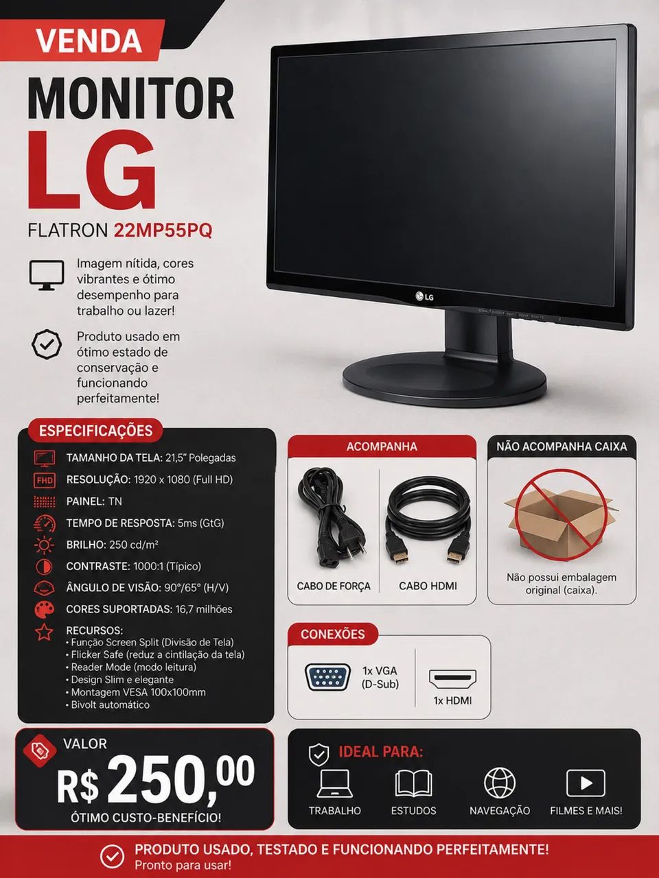 MONITOR LG 21.5 POL. LED IPS FULL HD 5MS PRETO, 22MP55PQ