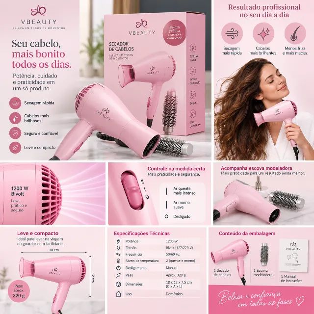 Mini secador Vbeauty Rosa Bivolt - Foto 3