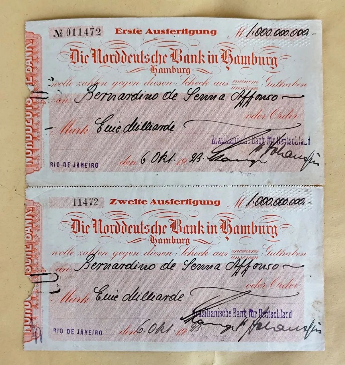 Documento Banco Horddeutsdje em Hamburgo 1923