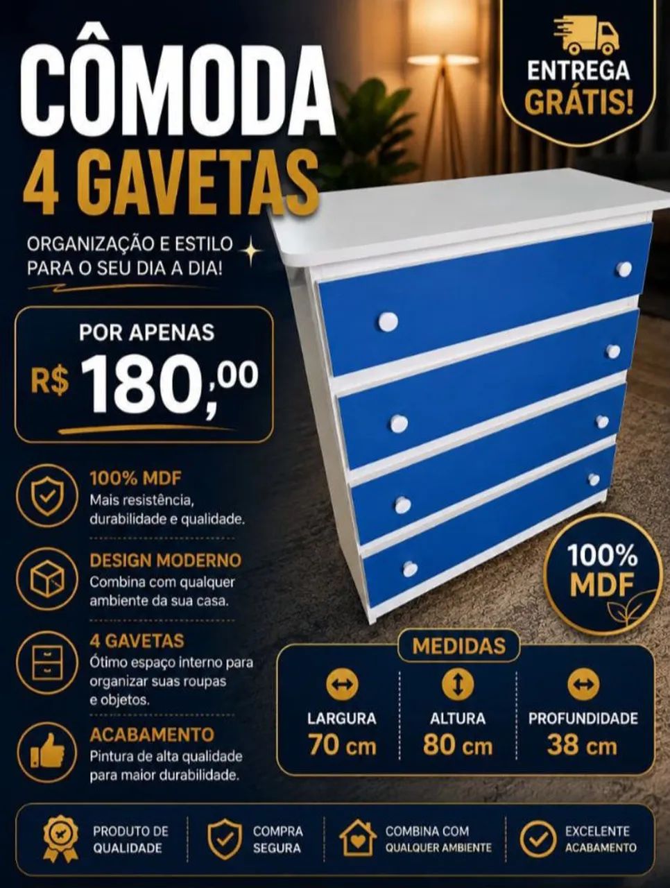 Cômodas MDF de 4 gaveta - Foto 4