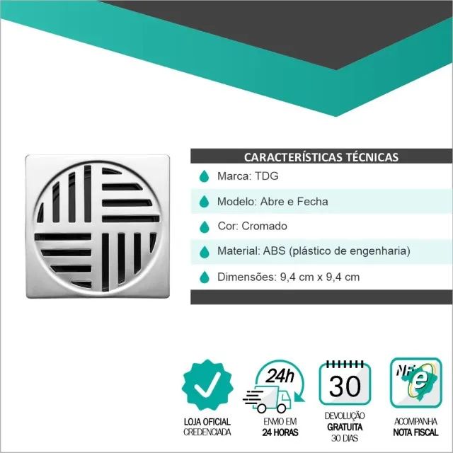 Ralo Automatico Inteligente 10 cm Quadrado ABS Cromado Veda Cheiro - Foto 6