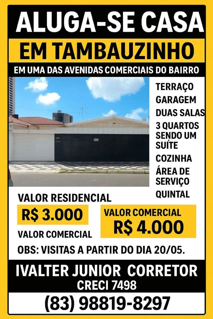 Alugo casa 3 quartos em Tambauzinho 