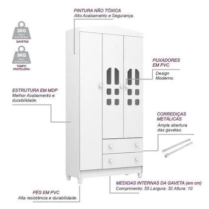 Guarda-Roupa Branco 3 Portas com Detalhes - Foto 3