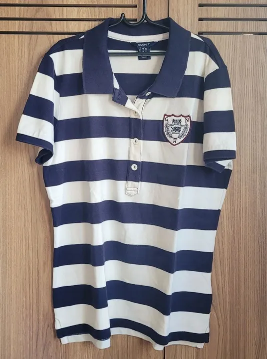 Camiseta Polo Gant Listrada Azul e Branca M