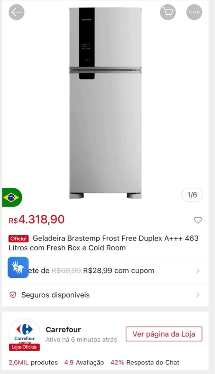 Geladeira Brastemp Frost Free Duplex 463L turbo freezer 