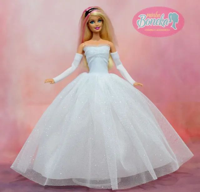 Vestido de noiva (brilho prateado) + luvas + Coroa para Boneca Barbie - Foto 3