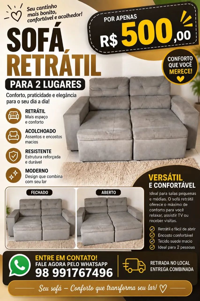 Sofá retrátil 02 lugares só o filé 