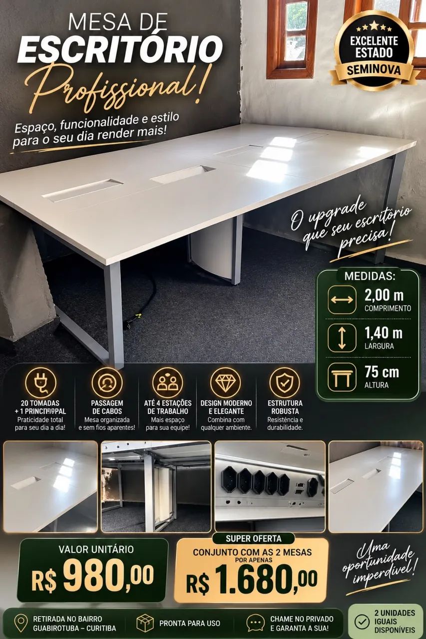 MESA DE ESCRITÓRIO DUPLA COM CALHAS E TOMADAS