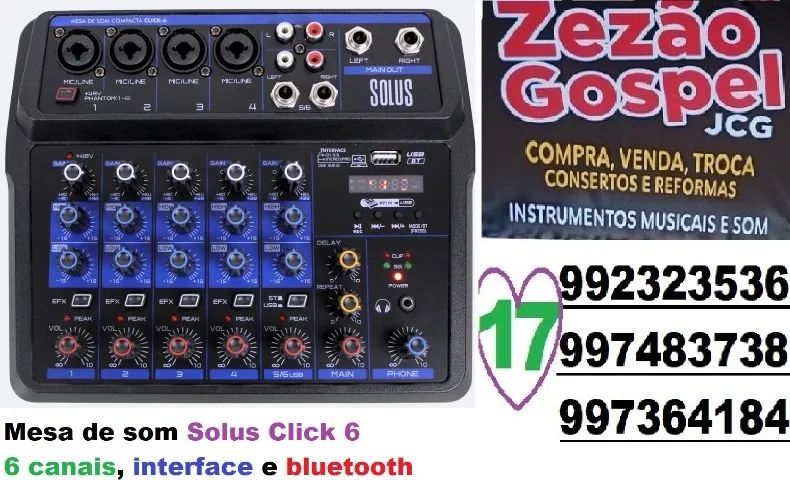 Mesa de som Solus Click 6 com 6 canais, interface e bluetooth