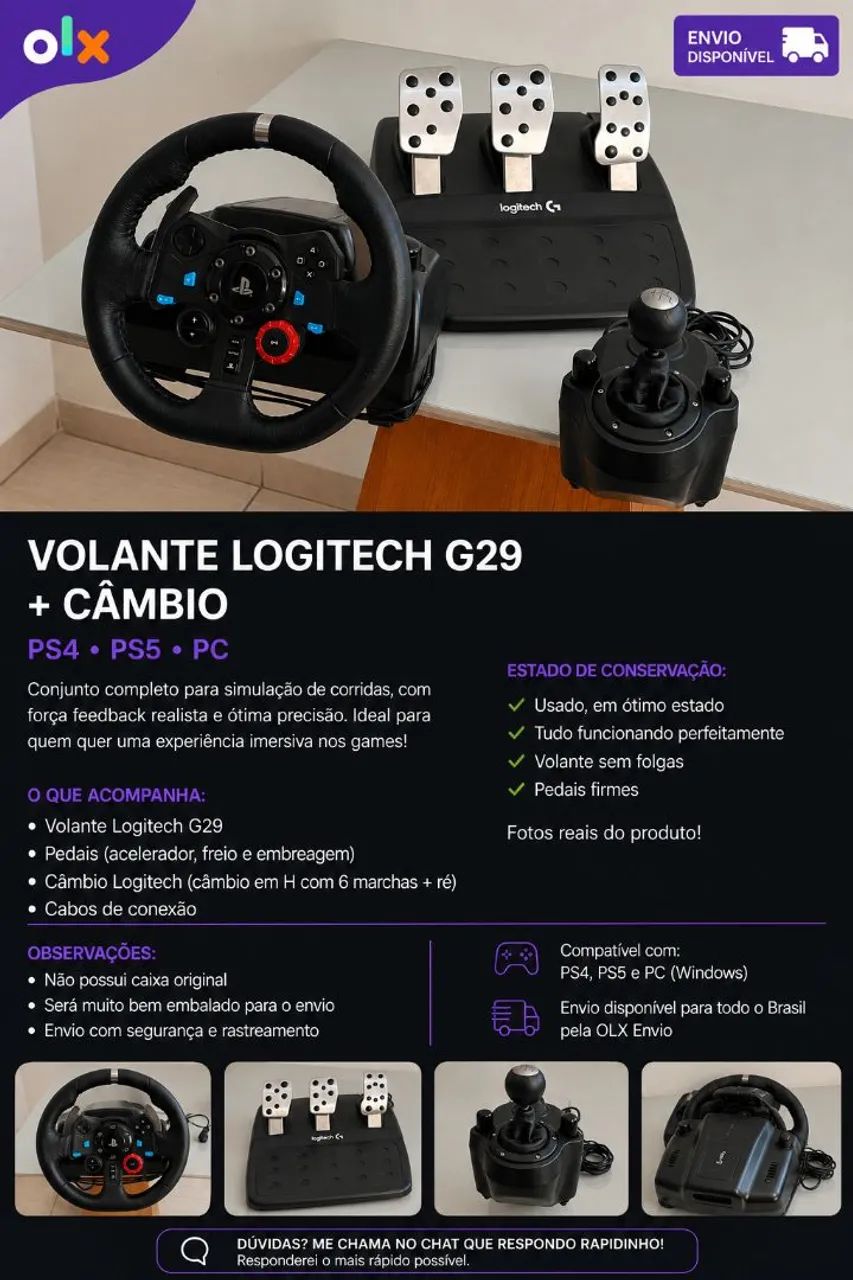 Volante Logitech G29 + Câmbio Logitech Driving Force - PS4, PS5 e PC