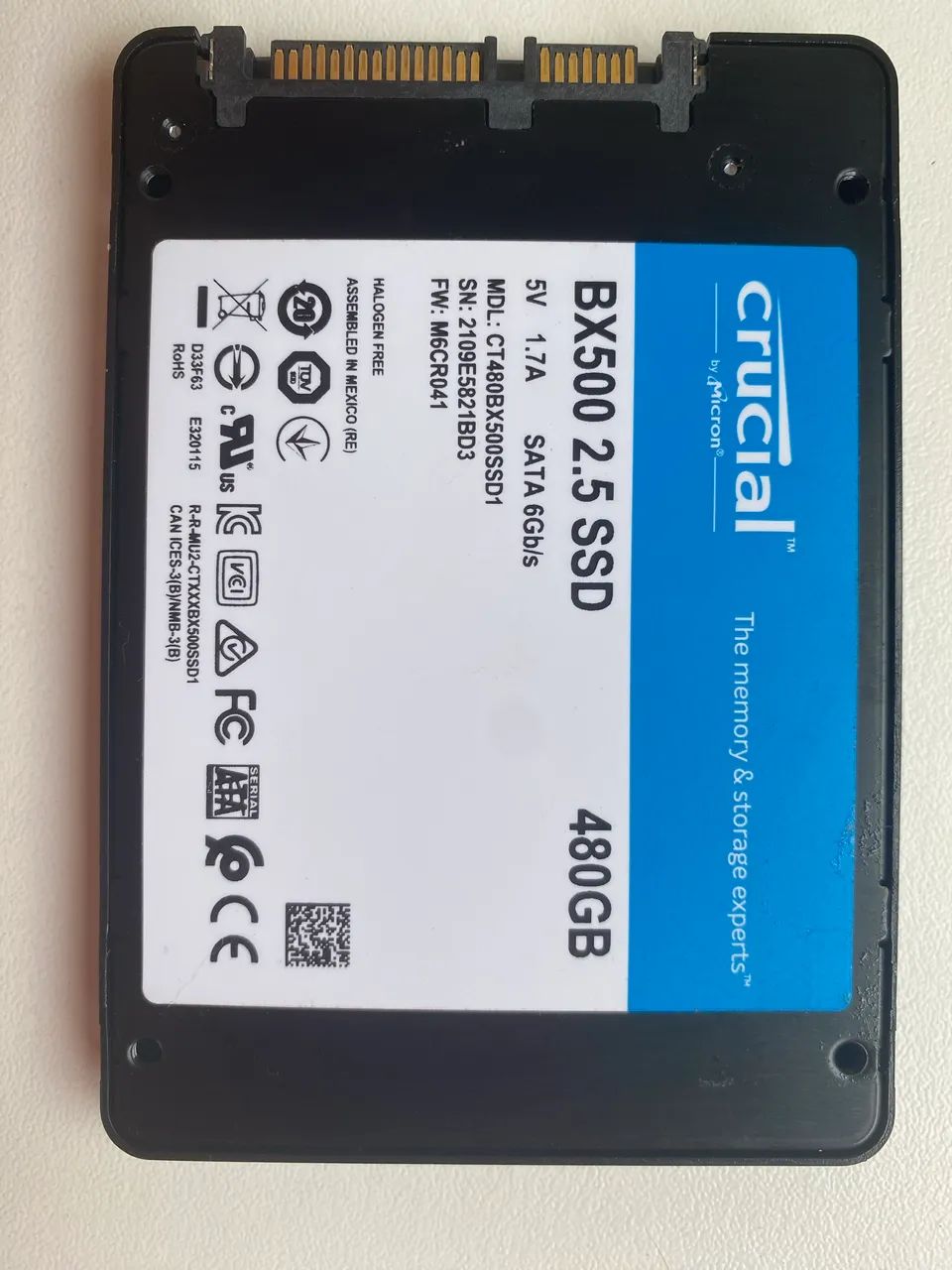 SSD SATA Crucial BX500, 480GB, Leitura 540 MB/s, Gravação 500 MB/s