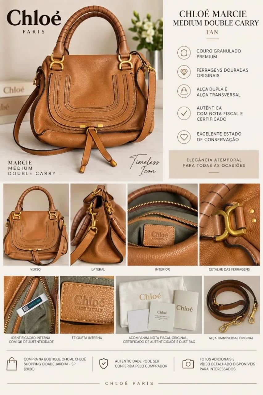 CHLOÉ MARCIE MEDIUM DOUBLE CARRY - TAN | ORIGINAL | NOTA FISCAL + CERTIFICADO e QR 