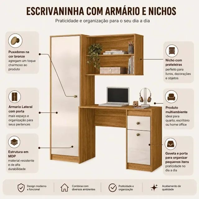 Mesa Escrivaninha Com Armário Nicho Home Office Multiuso - Foto 4