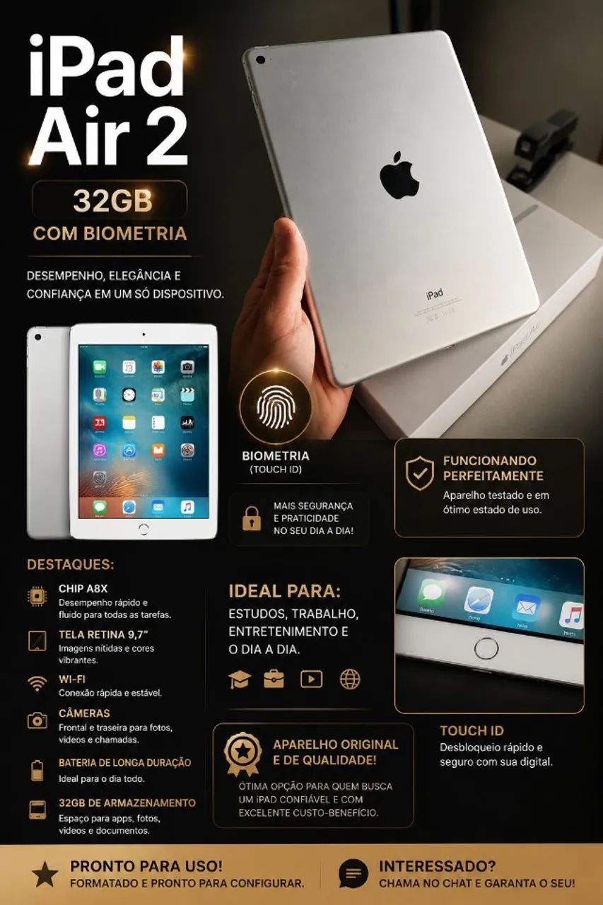 iPad Air 2 - 32GB com Biometria (Touch ID)