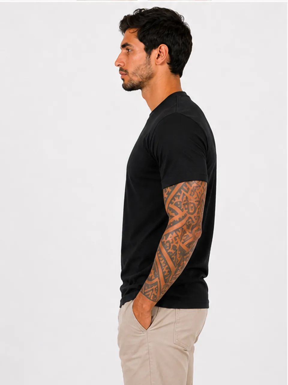 Camiseta Algodão Penteado Gola Canelada Preta - Foto 3
