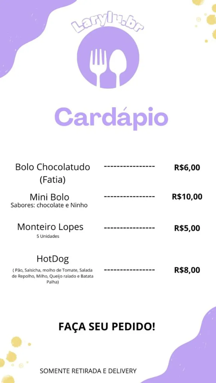 Cardápio Larylu.br - Bolo, Mini Bolo e HotDog