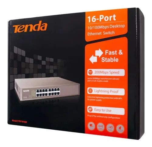 Hub Switch 16 Portas Ethernet 10/100mbps Rack Tenda Tefio16d