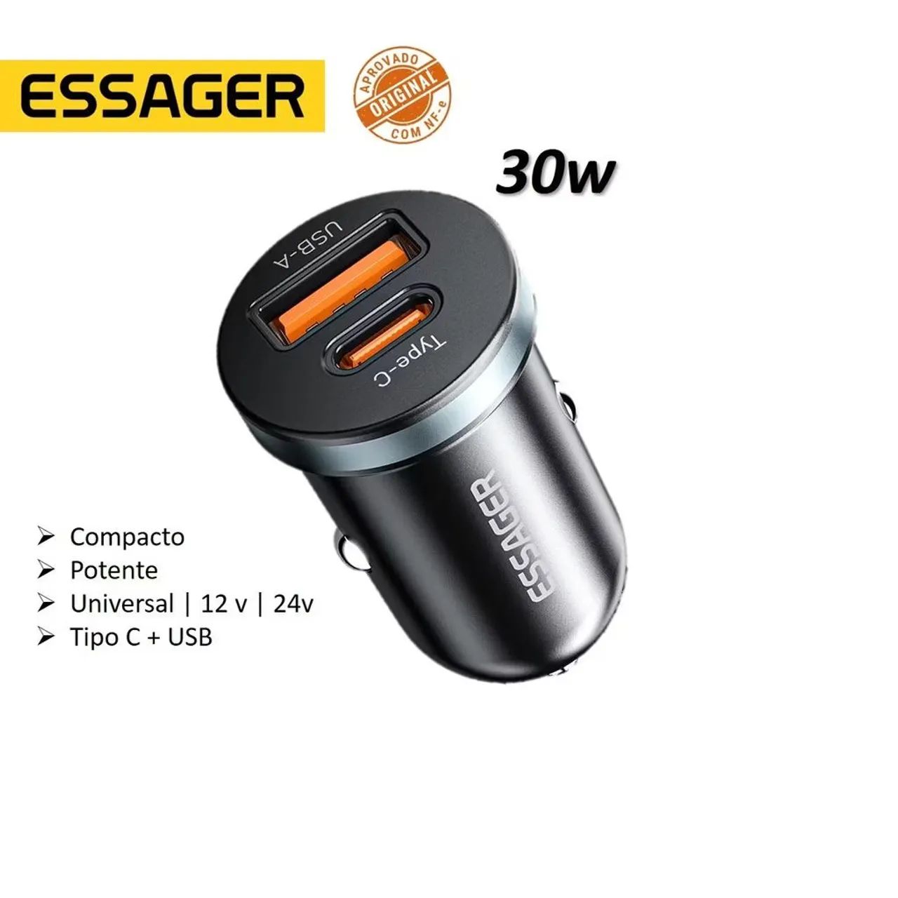 Carregador Veicular Duplo 30W Tipo C + USB