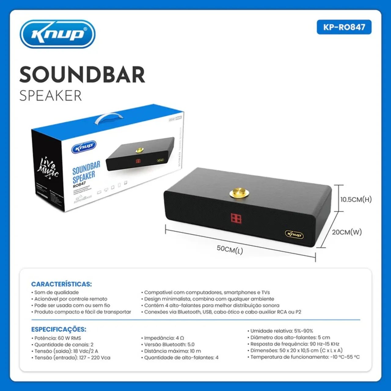 Soundbar 60W bluetooth 5.0 entrada óptica RCA Knup KP- RO847 