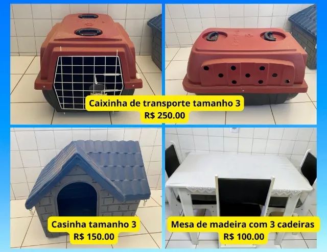 Caixas de transporte, casinha e mobília em perfeito estado de conservação